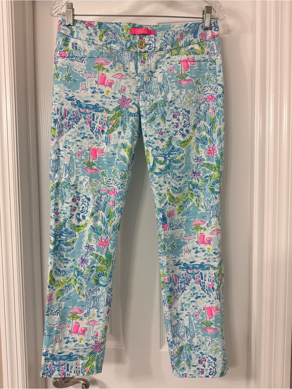 Lilly Pulitzer Light Blue Tropical Kelly ankle pants with Pink Accents